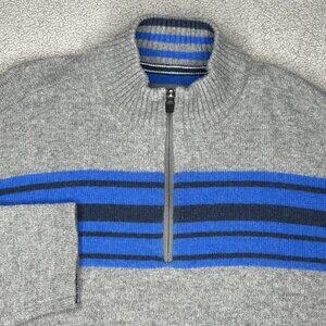 Eddie Bauer Mens Sweater Extra Large Quarter Zip Wool Gray Blue Stripe 1/4 Zip